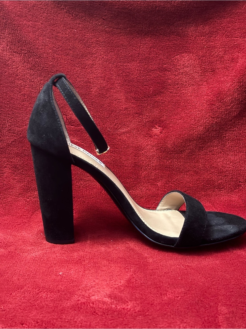 Steve Madden Black Faux Suede Block Heel Sandal with Ankle Strap